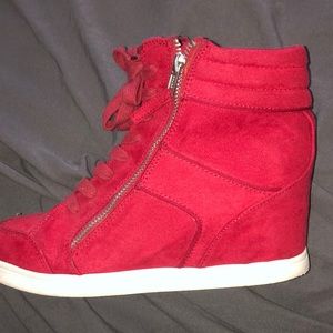 red suede high-top heeled sneakers